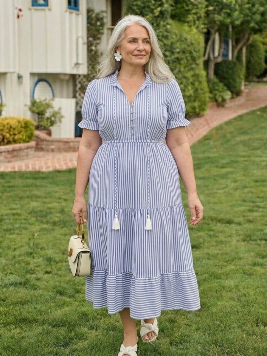 Dakota | Short Sleeve Striped Tiered Midi Dress