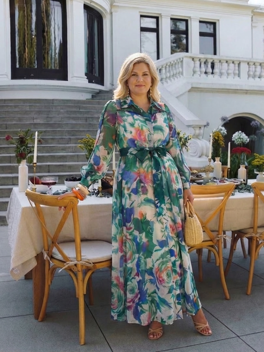 Carolina | Vestido Maxi Estampado con Cinturón y Manga Larga
