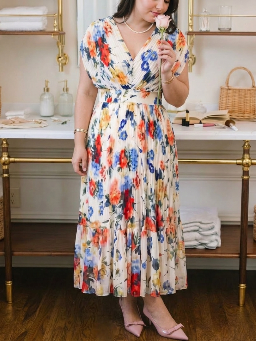 Savannah | Vestido Midi Floral Plisado con Manga Corta