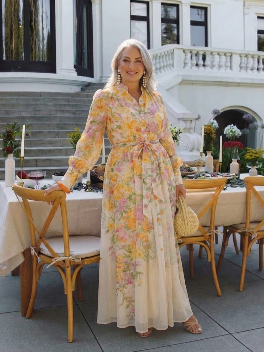 Cressida | Vestido Maxi Floral Transparente con Manga Larga