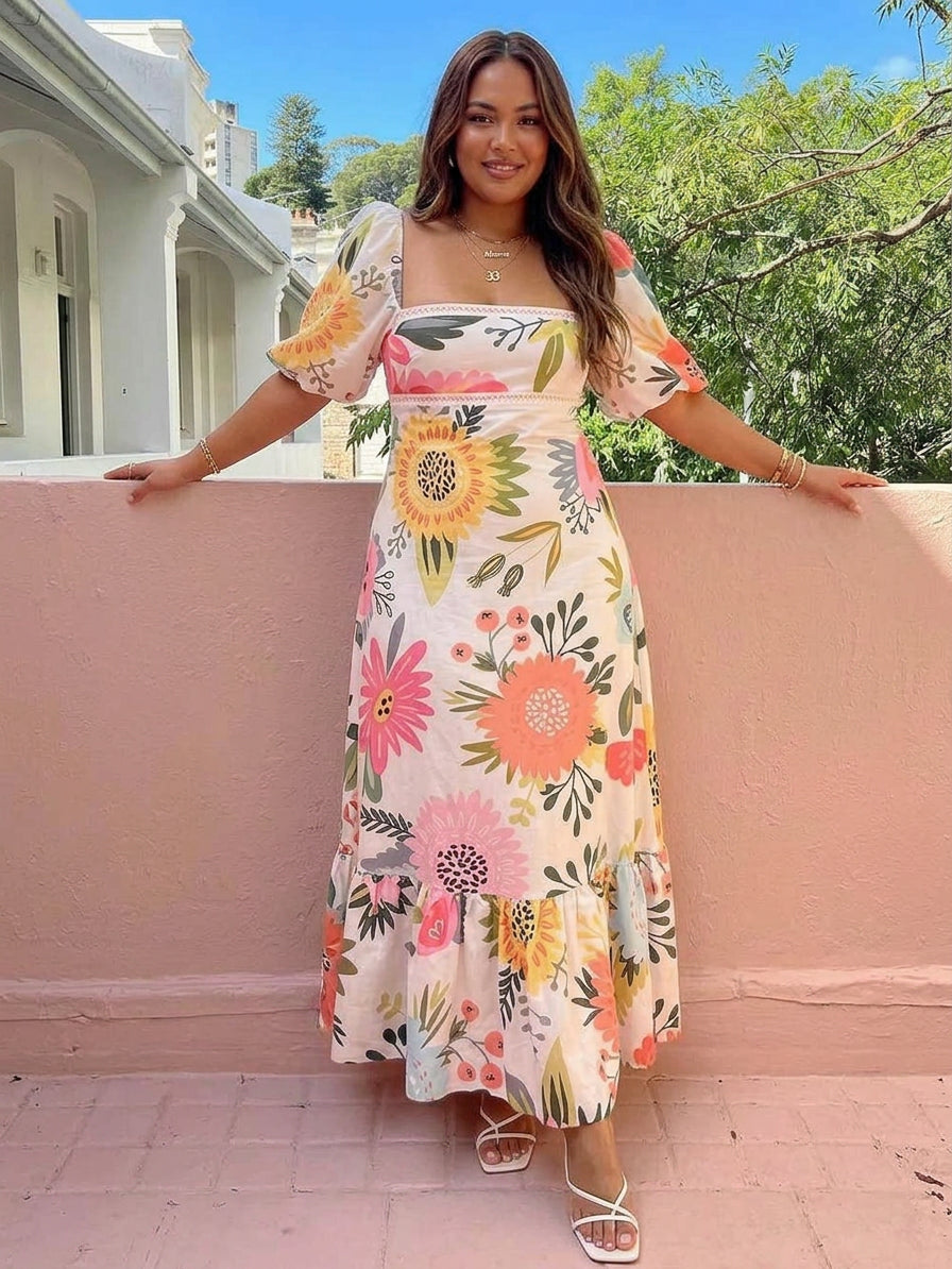 Vestido Largo Floral Cuello Cuadrado Ivy