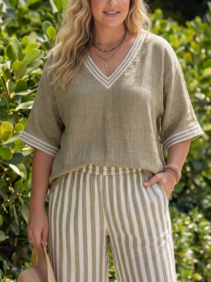 Wren | Conjunto Túnica Escote V en Contraste y Pantalón a Rayas