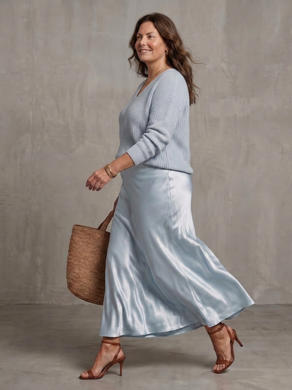 Luciana | Conjunto Falda Satinada al Bies con Capa de Punto