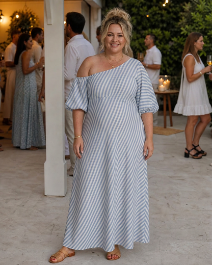 Vestido Midi de Rayas Manga Abullonada Zamrina