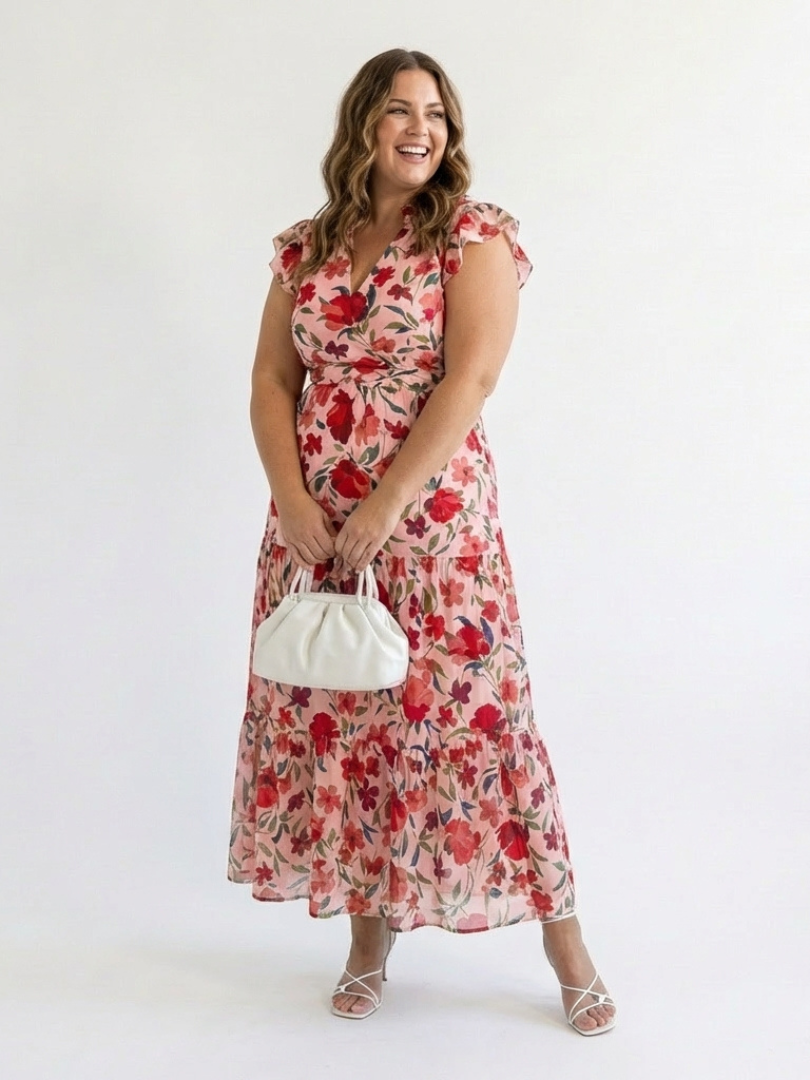 Lila | Vestido Midi Floral por Capas con Escote en V