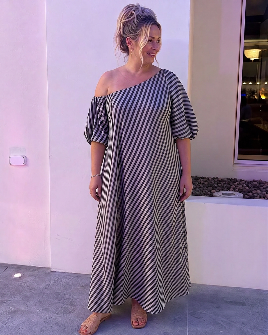 Vestido Midi de Rayas Manga Abullonada Zamrina