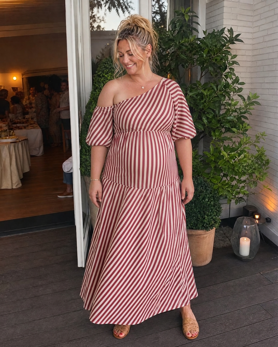 Vestido Midi de Rayas Manga Abullonada Zamrina