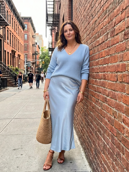 Luciana | Conjunto Falda Satinada al Bies con Capa de Punto