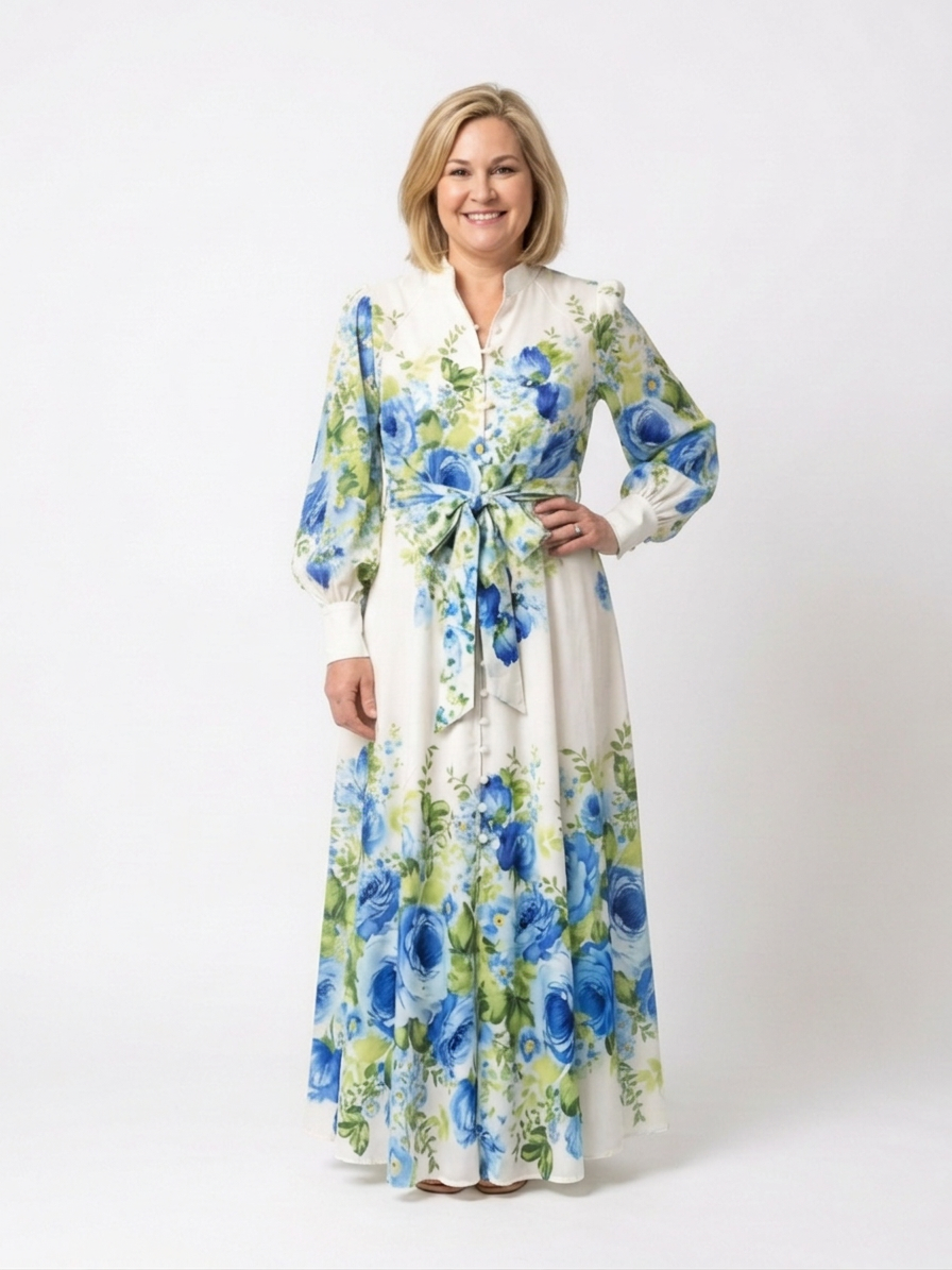 Harper | Vestido Maxi Floral con Botones y Manga Larga