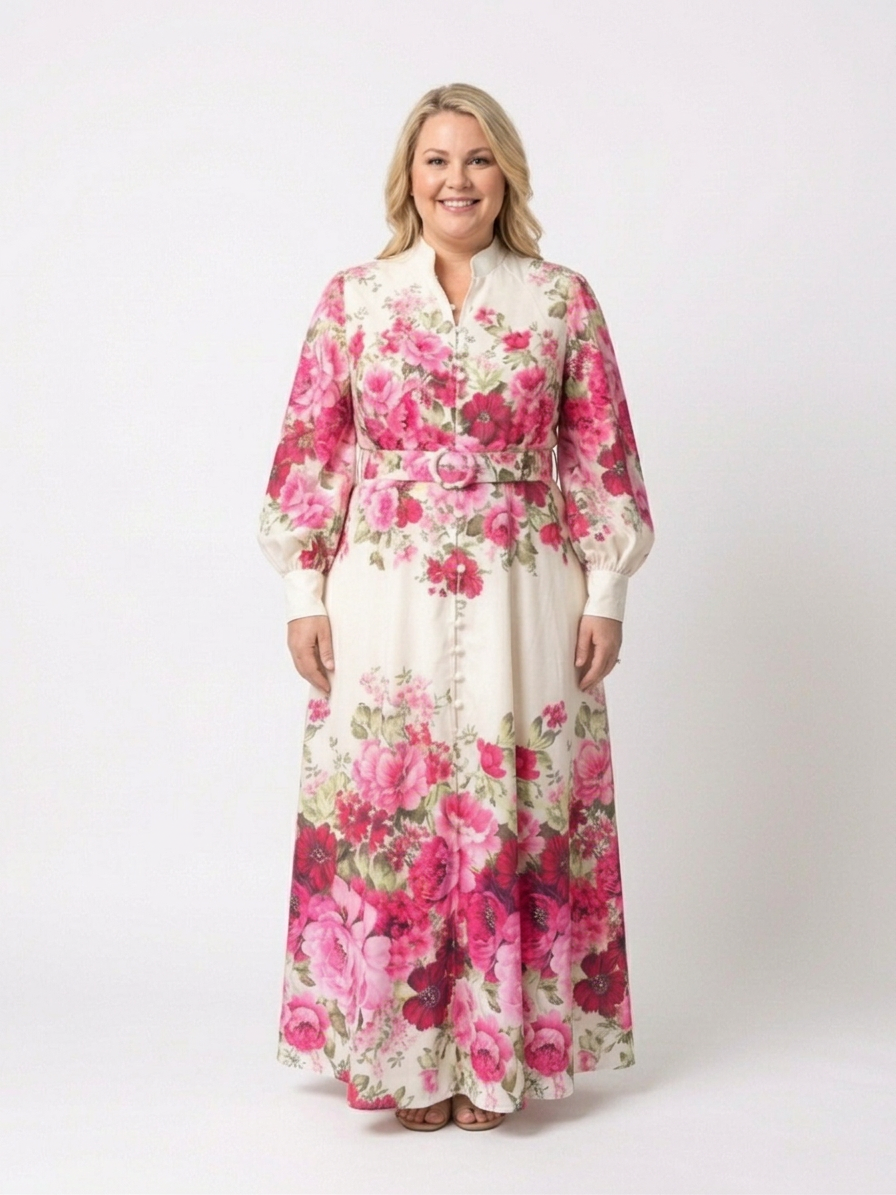 Kennedy | Vestido Maxi Floral con Cinturón y Manga Larga