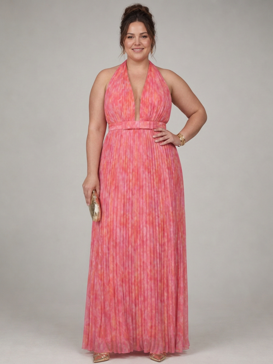 Vestido Largo Escote Halter Plisado Rosel