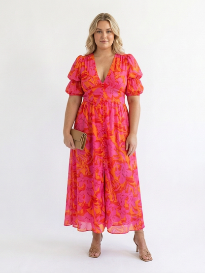 Willow | Vestido Midi Floral con Manga Abullonada