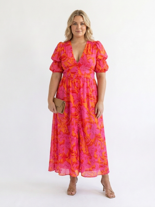 Willow | Vestido Midi Floral con Manga Abullonada