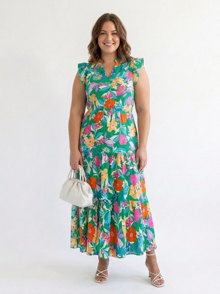 Lila | Vestido Midi Floral por Capas con Escote en V