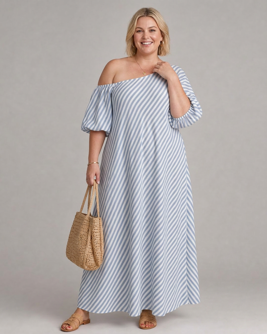 Vestido Midi de Rayas Manga Abullonada Zamrina