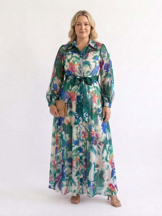Carolina | Vestido Maxi Estampado con Cinturón y Manga Larga