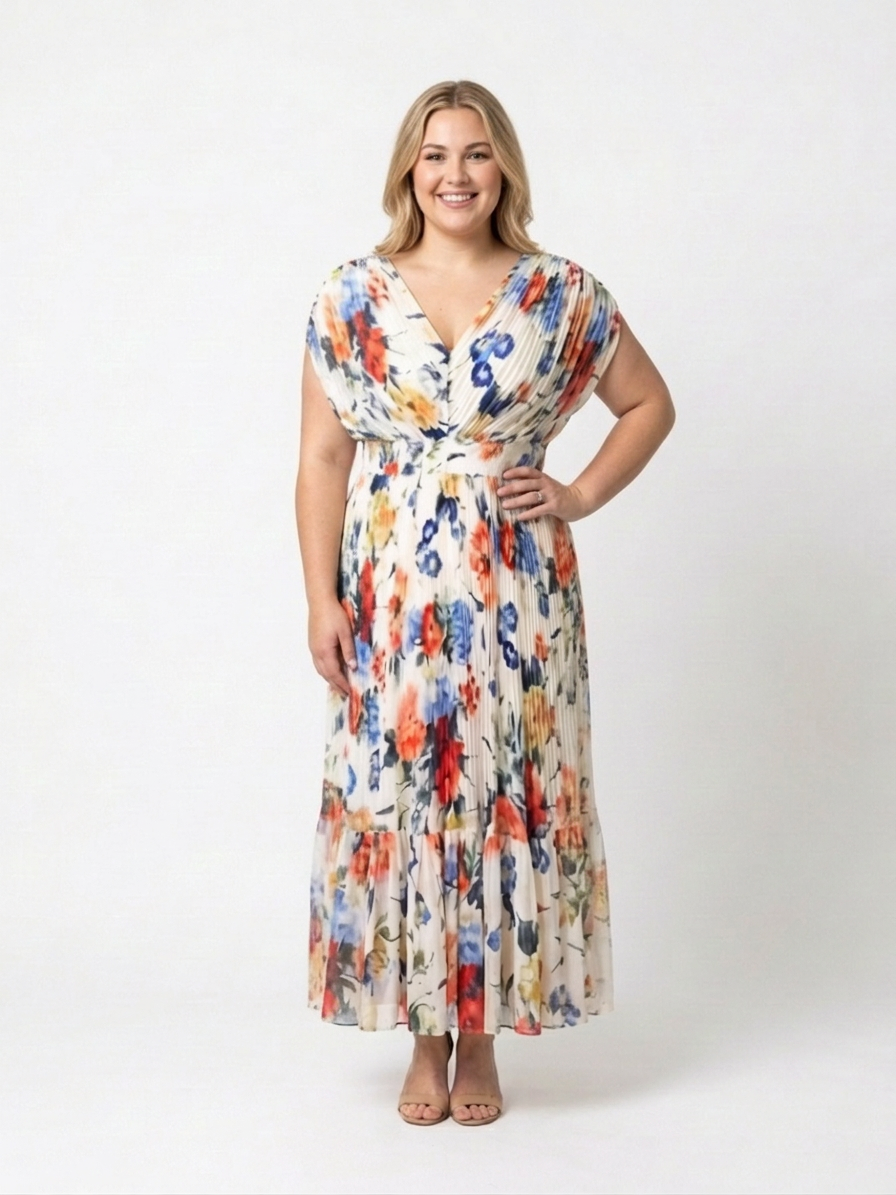 Savannah | Vestido Midi Floral Plisado con Manga Corta