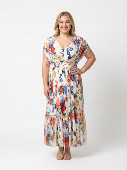 Savannah | Vestido Midi Floral Plisado con Manga Corta