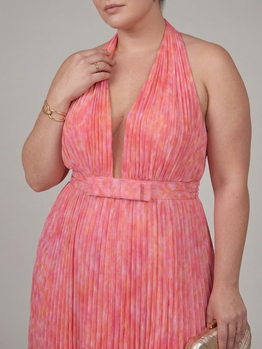 Vestido Largo Escote Halter Plisado Rosel