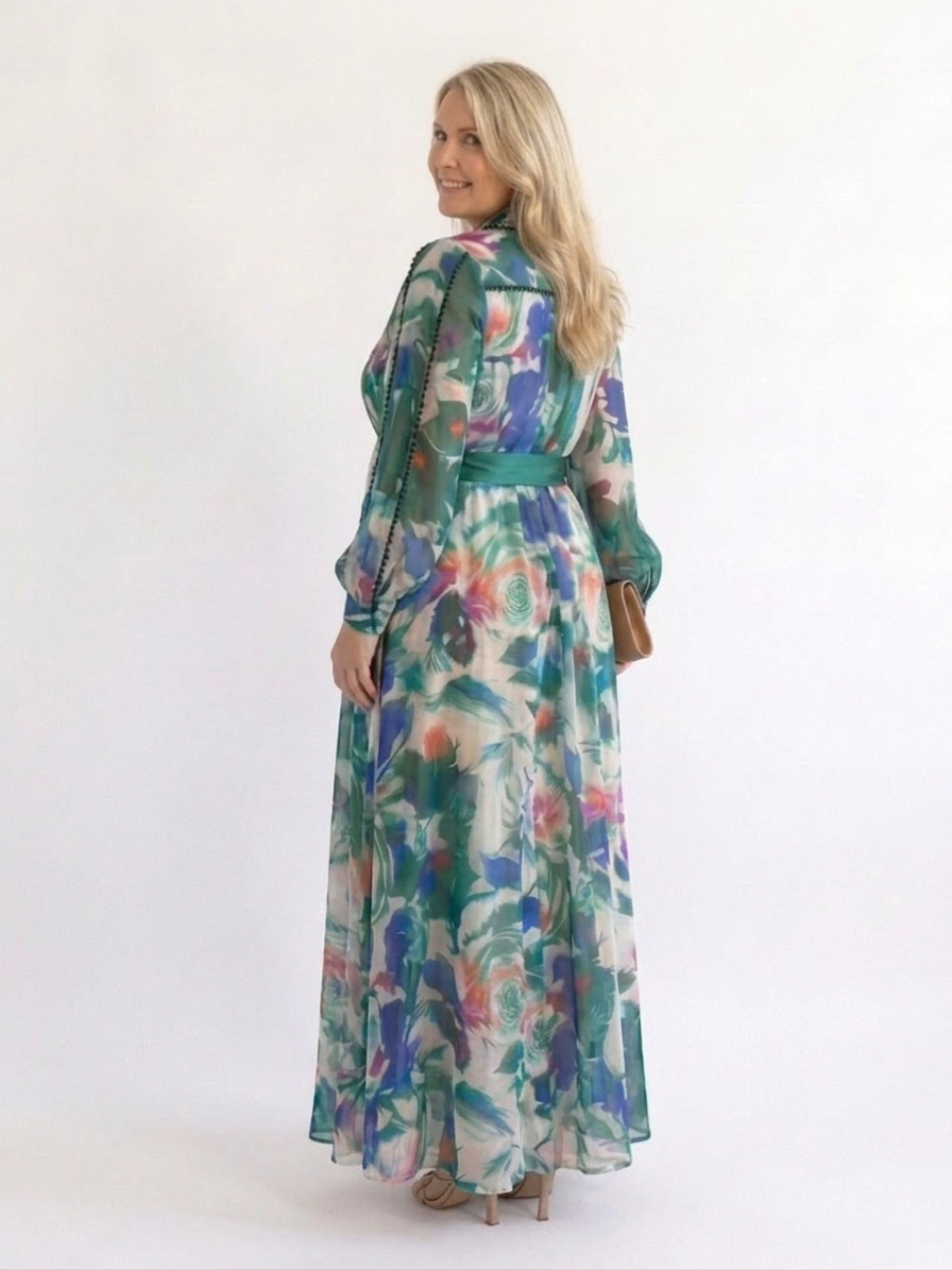 Carolina | Vestido Maxi Estampado con Cinturón y Manga Larga