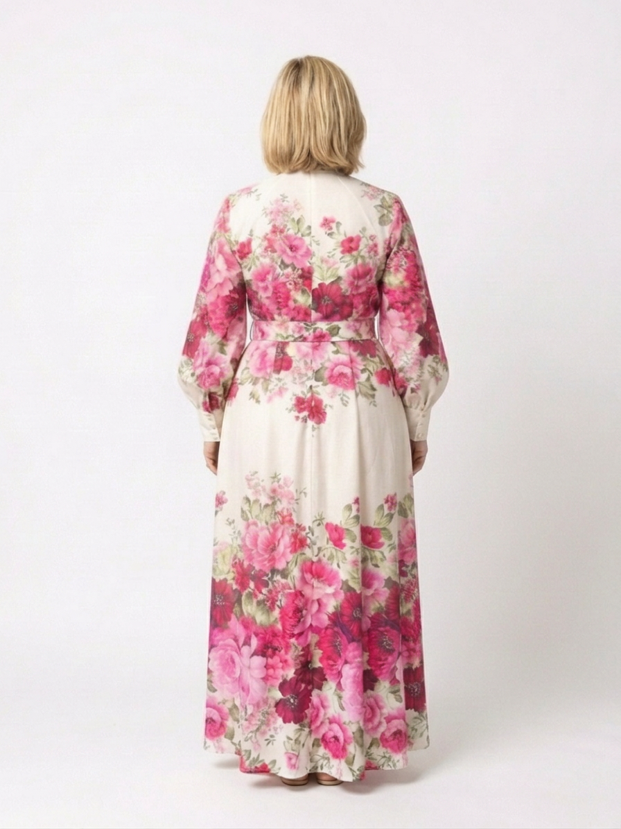 Kennedy | Vestido Maxi Floral con Cinturón y Manga Larga