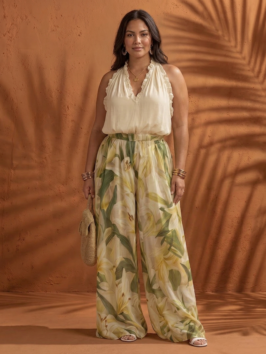 Solange | Conjunto Blusa Halter Floral y Pantalón Ancho