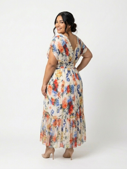 Savannah | Vestido Midi Floral Plisado con Manga Corta