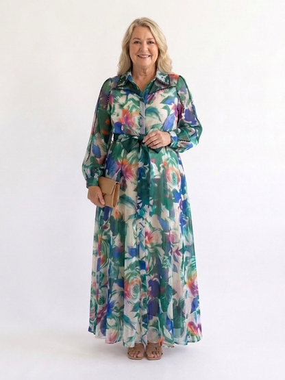 Carolina | Vestido Maxi Estampado con Cinturón y Manga Larga