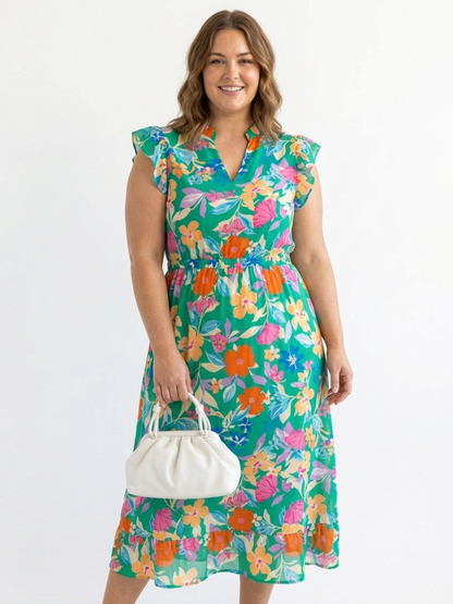 Lila | Vestido Midi Floral por Capas con Escote en V