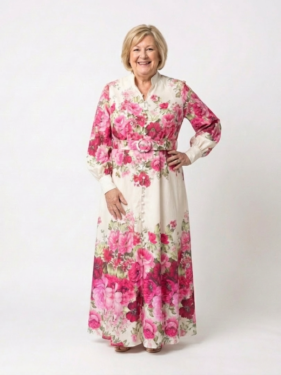 Kennedy | Vestido Maxi Floral con Cinturón y Manga Larga