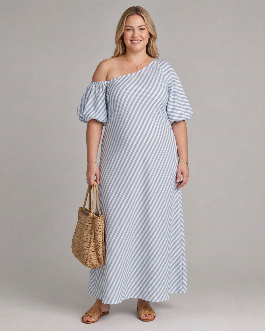 Vestido Midi de Rayas Manga Abullonada Zamrina