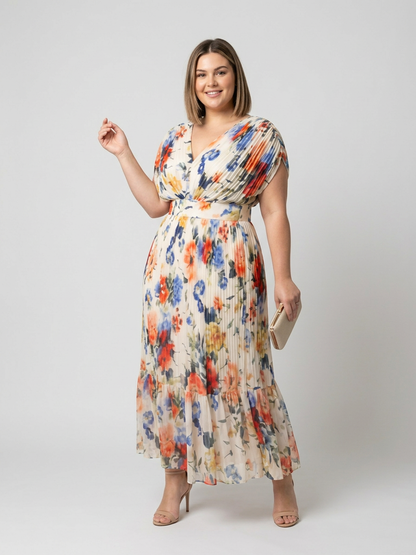 Savannah | Vestido Midi Floral Plisado con Manga Corta