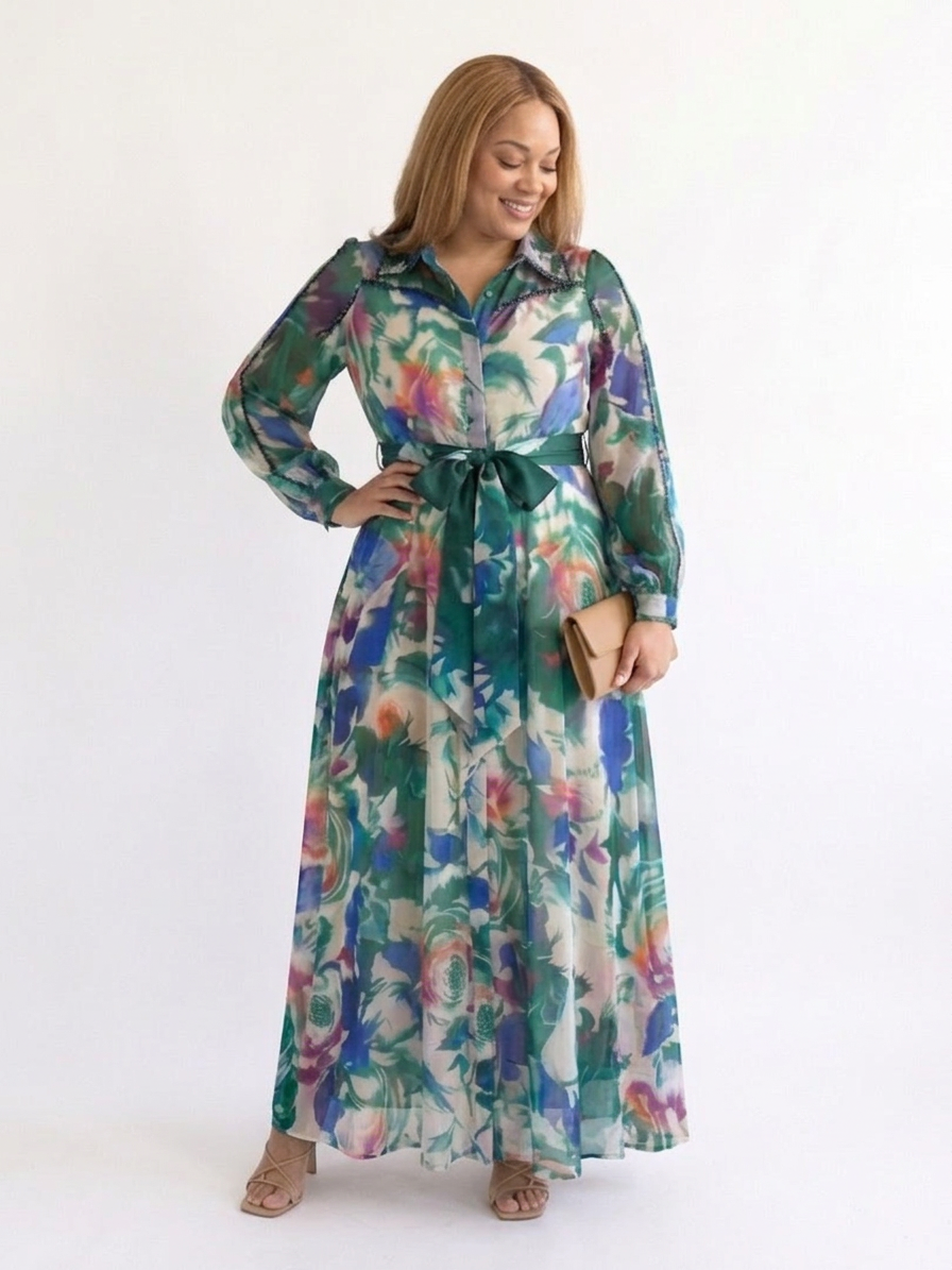 Carolina | Vestido Maxi Estampado con Cinturón y Manga Larga