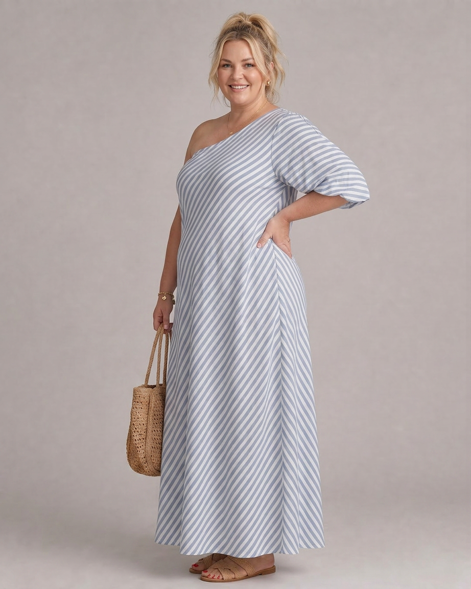 Vestido Midi de Rayas Manga Abullonada Zamrina