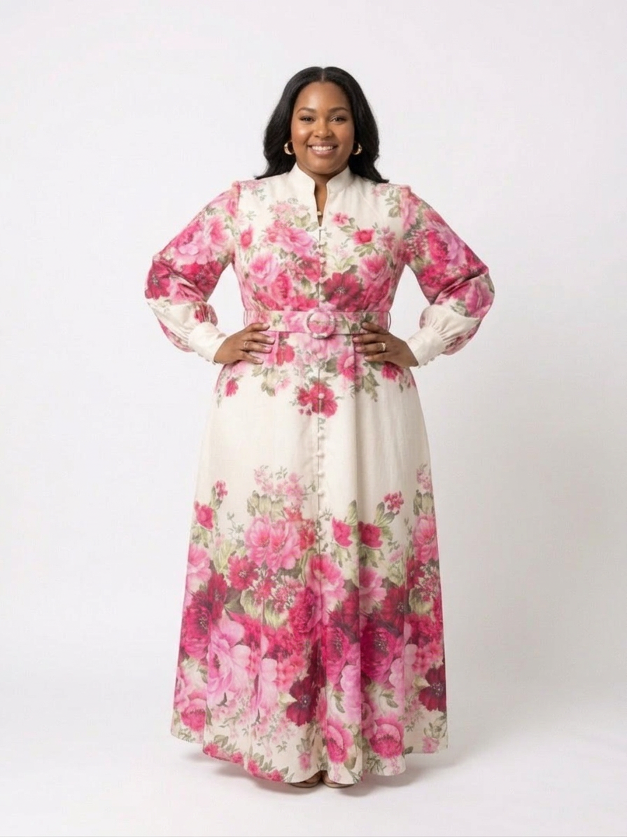 Kennedy | Vestido Maxi Floral con Cinturón y Manga Larga
