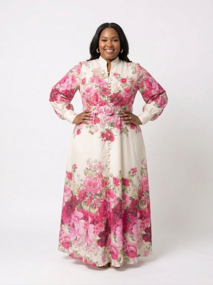 Kennedy | Vestido Maxi Floral con Cinturón y Manga Larga