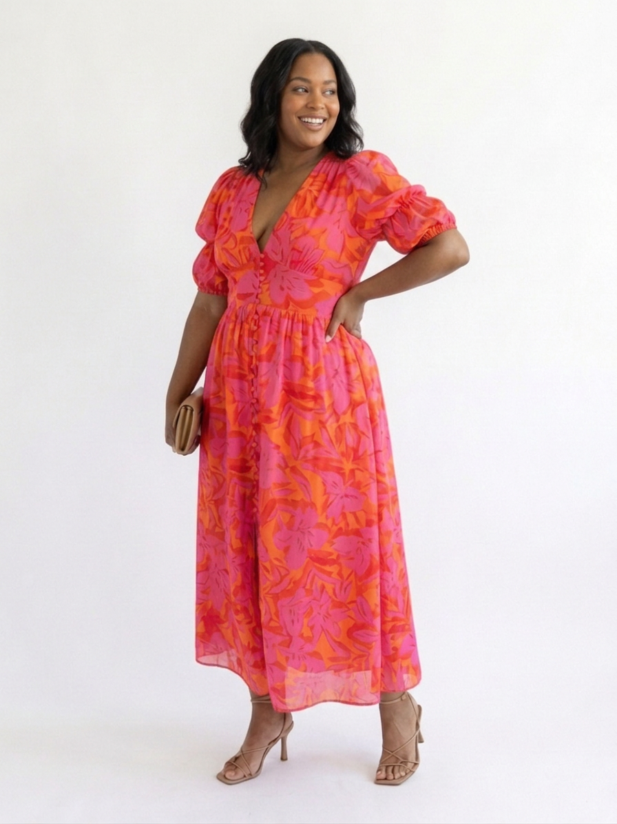 Willow | Vestido Midi Floral con Manga Abullonada