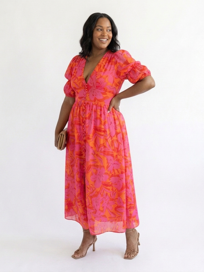 Willow | Vestido Midi Floral con Manga Abullonada