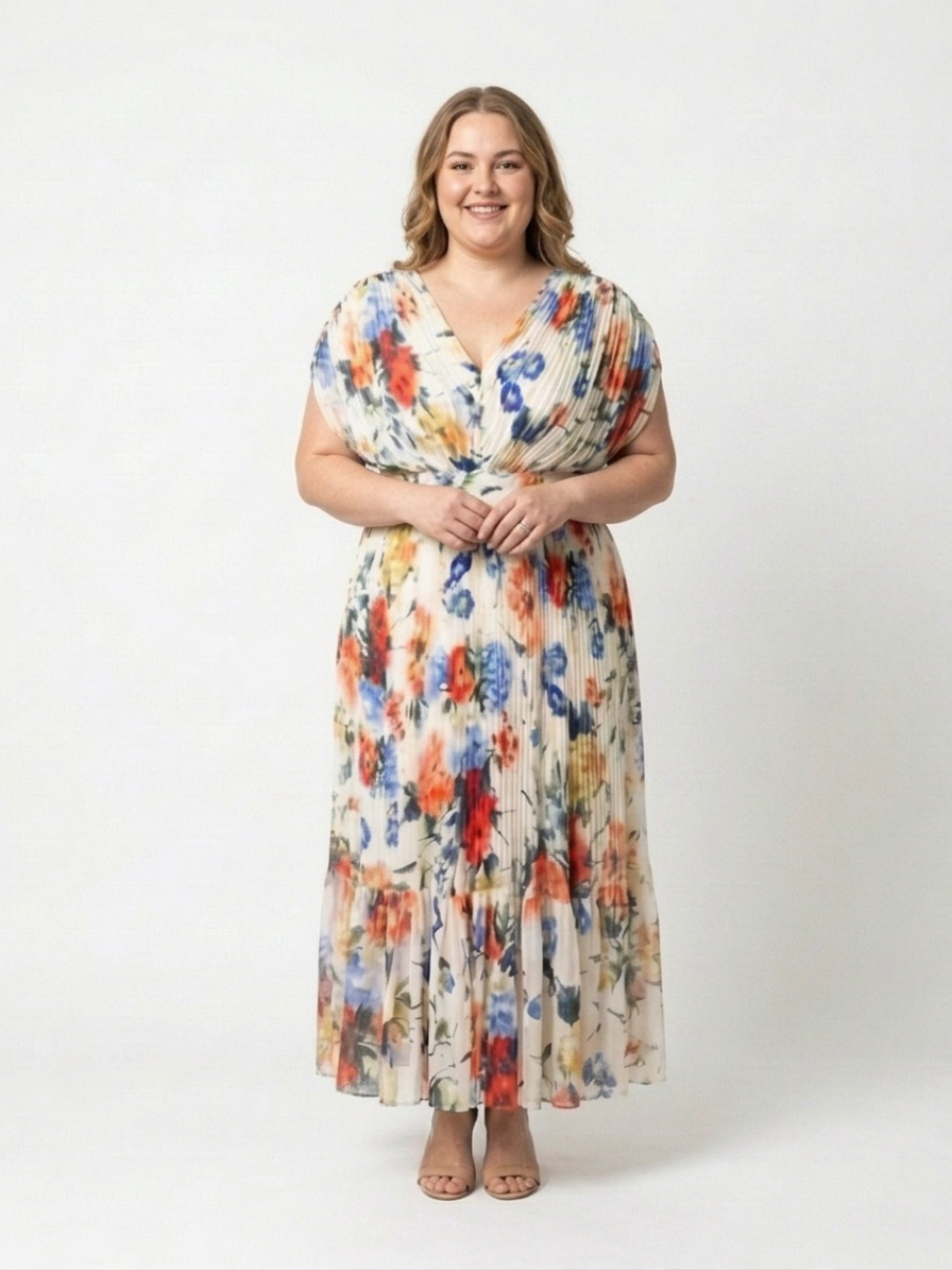 Savannah | Vestido Midi Floral Plisado con Manga Corta