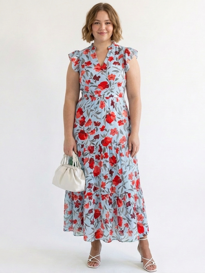Lila | Vestido Midi Floral por Capas con Escote en V