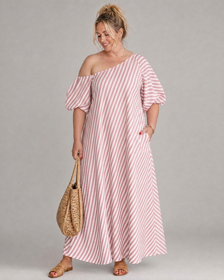 Vestido Midi de Rayas Manga Abullonada Zamrina