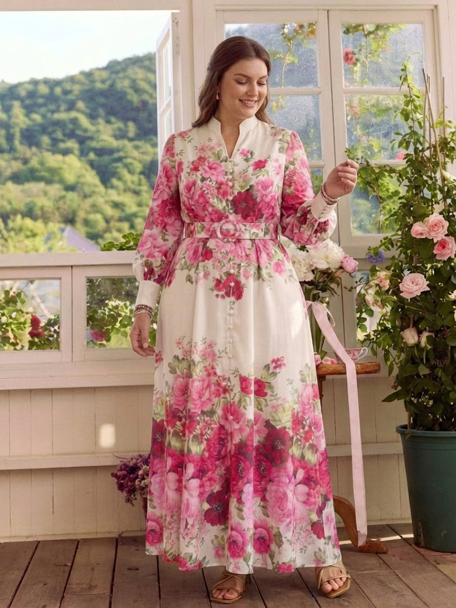 Kennedy | Vestido Maxi Floral con Cinturón y Manga Larga