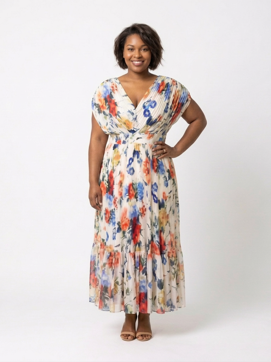 Savannah | Vestido Midi Floral Plisado con Manga Corta