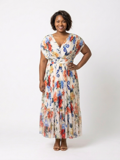 Savannah | Vestido Midi Floral Plisado con Manga Corta