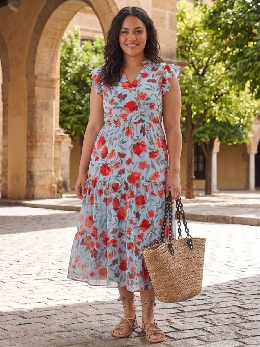 Lila | Vestido Midi Floral por Capas con Escote en V