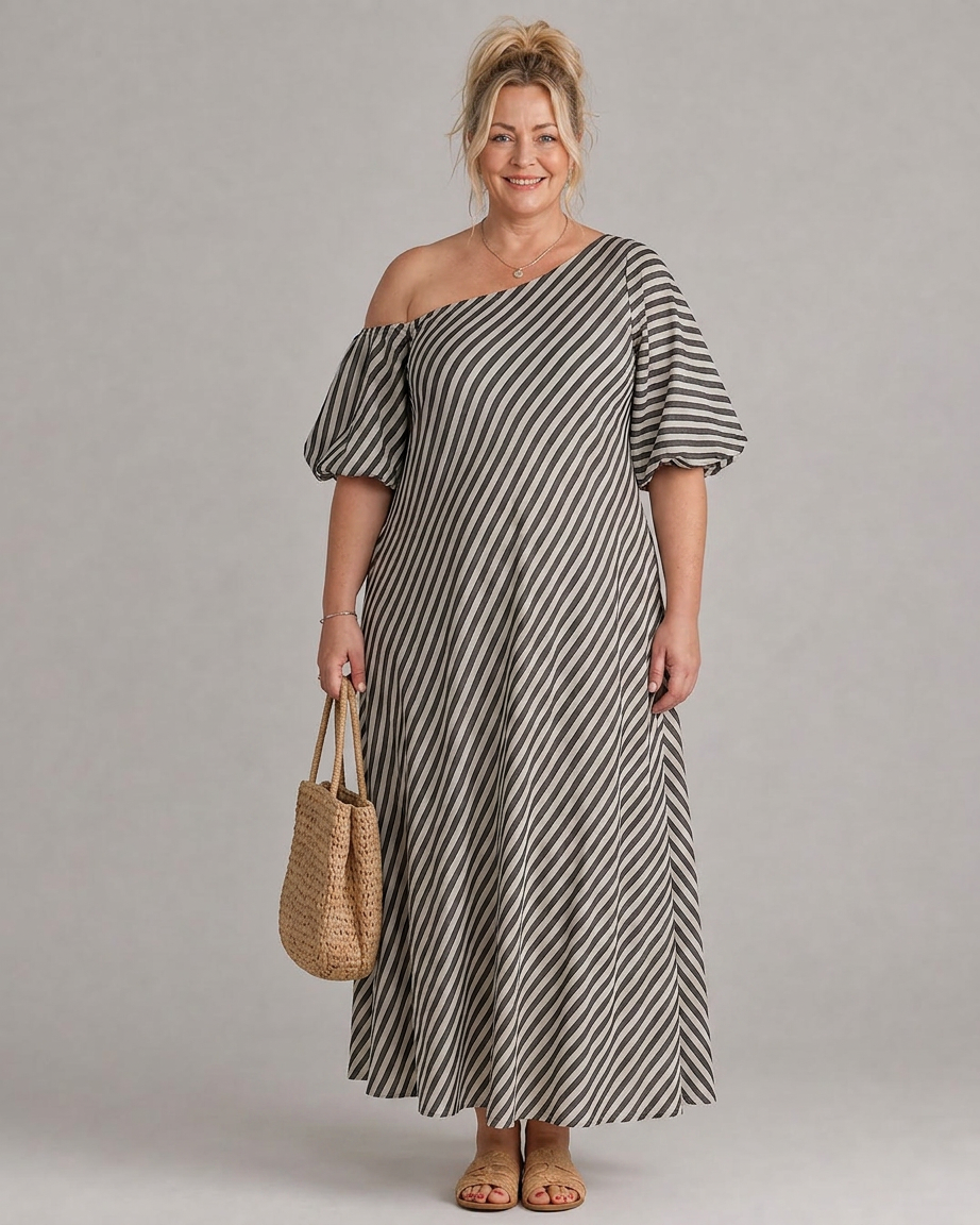 Vestido Midi de Rayas Manga Abullonada Zamrina