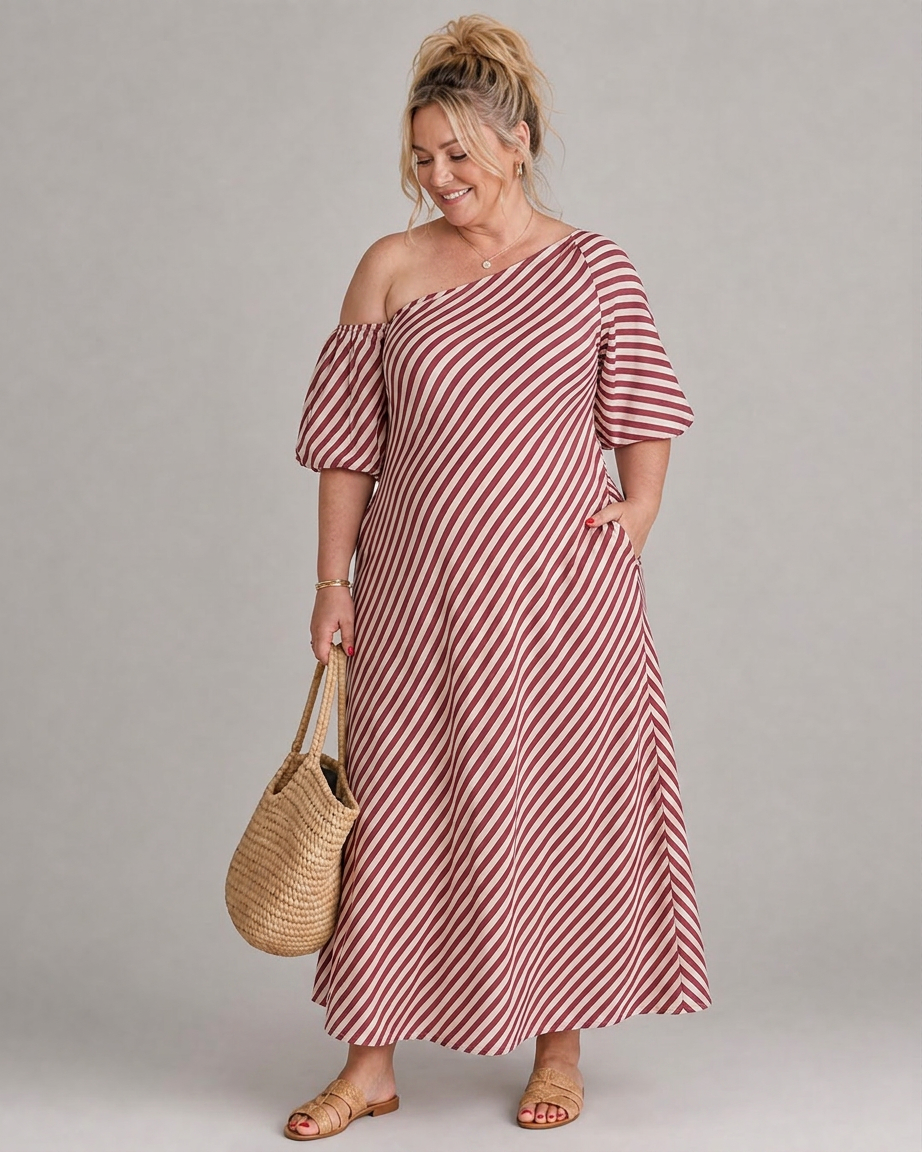 Vestido Midi de Rayas Manga Abullonada Zamrina