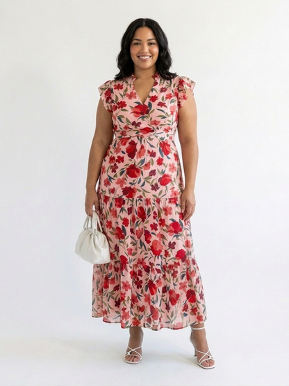 Lila | Vestido Midi Floral por Capas con Escote en V