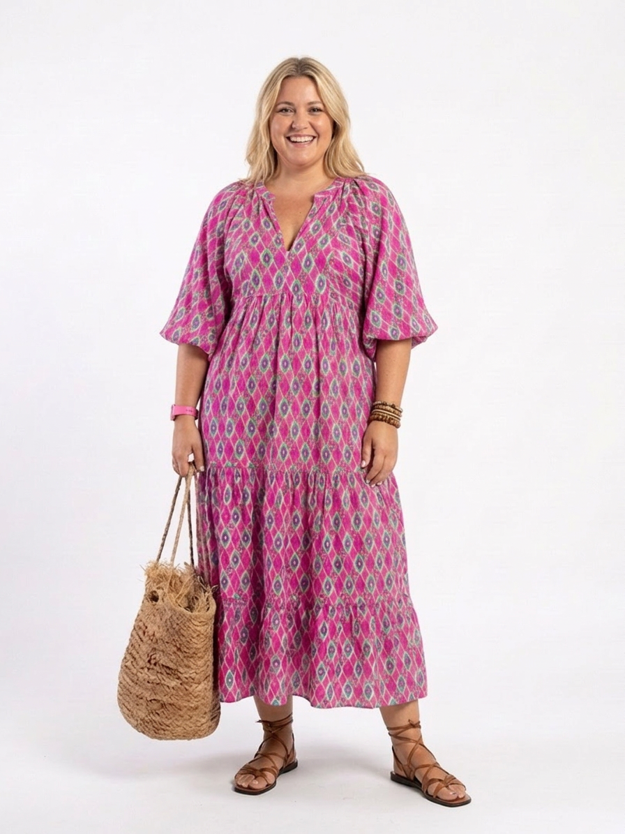 Apolline | Vestido Midi Estampado con Escote en V y Manga 3/4