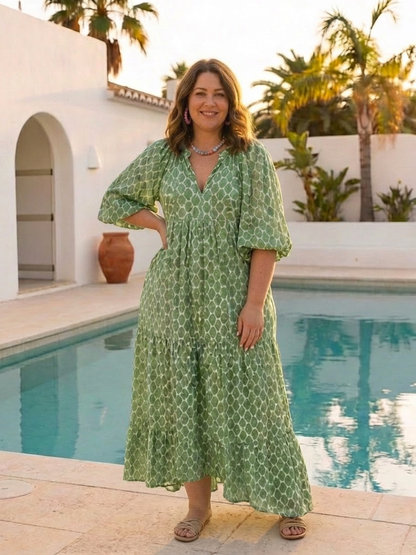 Apolline | Vestido Midi Estampado con Escote en V y Manga 3/4